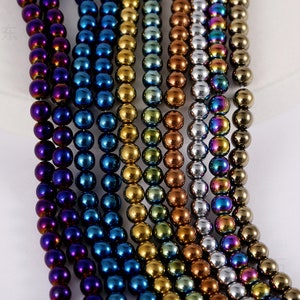 1 Full Strand 15.5&quot; Natural Loose Round Polished Vacuum Metalizing Plating Metal Color Hematite Gemstone Beads 2mm 3mm 4mm 6mm 8mm 10mm 12mm