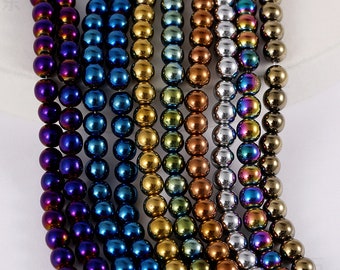1 Full Strand 15.5" Natural Loose Round Polished Vacuum Metalizing Plating Metal Color Hematite Gemstone Beads 2mm 3mm 4mm 6mm 8mm 10mm 12mm