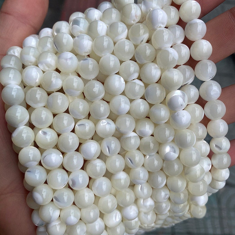 1 brin complet 15,5 pouces en vrac rond naturel rond nacre perles de nacre pour la fabrication de bijoux 2 mm 3 mm 4 mm 5 mm 6 mm 8 mm 10 mm 12 mm White