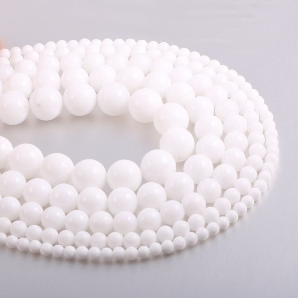 1 Full Strand 15.5" Genuine Natural A Grade Loose Round Semi Precious Stone Smooth White Porcelain Jade Gemstone Beads 4mm 6mm 8mm 10mm 12mm