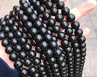 1 voller Strang 15.5 "Glas Onyx glatte polierte schwarze Achat-lose runde Edelstein-Stein-Perlen für DIY Schmuckherstellung 4mm 6mm 8mm 10mm 12mm