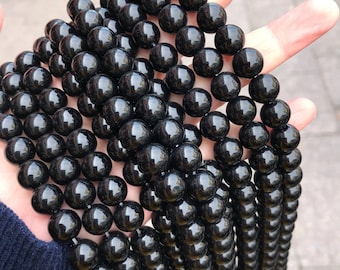 1 voller Strang 15.5 "Glas Onyx glatte polierte schwarze Achat-lose runde Edelstein-Stein-Perlen für DIY Schmuckherstellung 4 mm 6 mm 8 mm 10 mm 12 mm