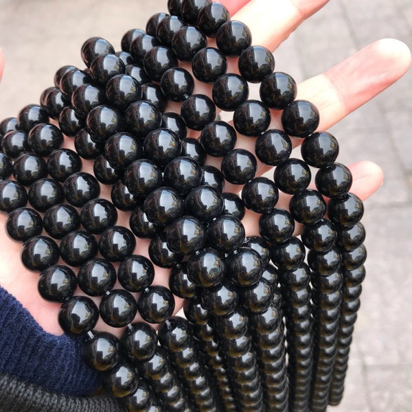 1 Full Strand 15.5" Glass Onyx Smooth Polished Black Agate Loose Round Gemstone Stone Beads for DIY Jewelry Making 4mm 6mm 8mm 10mm 12mm