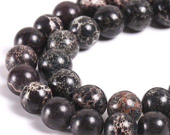 1 Full Strand 15.5" Loose Round Stone Smooth Black Impression Imperial Sea Sediment Terra Jasper Gemstone Beads 4mm 6mm 8mm 10mm
