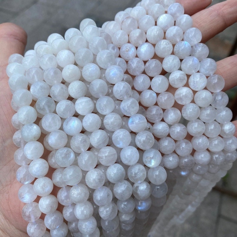 Genuine Natural Loose Genuine Round Natural Smooth Rainbow Blue Moonstone White Gemstone Beads 4mm 6mm 8mm 10mm Full Strand 15"
