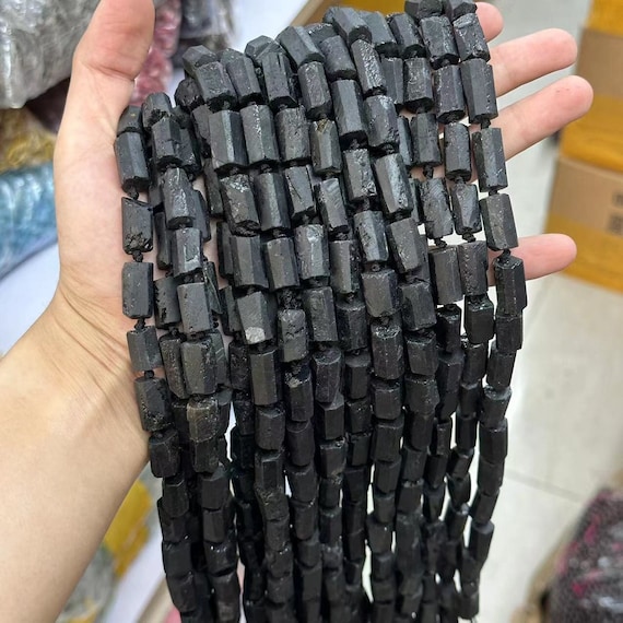 Matte Black Tourmaline Beads, Raw Gemstone Cylinder Tube, DIY Jewelry Making, Full Strand