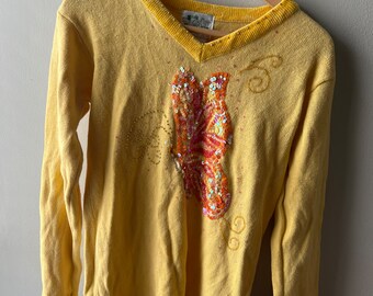 The Quaker Factory Women’s Beaded Sequined Butterfly Yellow Sweater Extra Small