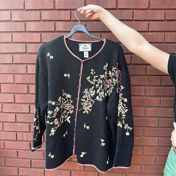 Vintage Tiara Woman Black Cardigan Sweater Embroidered Floral