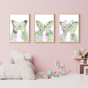 Arte de pared de mariposa, estampados de mariposas, calcomanías de mariposas, decoración de mariposas, póster de mariposas, impresiones de niñas de mariposas. Estampado de dormitorio de chicas.