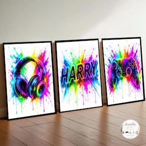 Personlig väggkonst med Gamer | spelposters | Set med 3 tryck | Sovrumsinredning för tonårspojkar