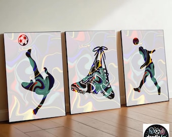 Pôsteres de futebol para parede | Conjunto de três pôsteres de futebol | Decoração para quarto de adolescente