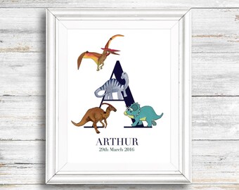 Lámina personalizada con inicial para la pared de la habitación de niños / Impresión de dinosaurio personalizada