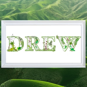 Nombre de los niños imprimir dinosaurios niños habitación personalizada dibujado a mano de cualquier tamaño cualquier nombre. Tema de dinosaurio. Dinosaurios personalizados niños. Selva.