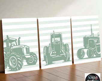 Farm Tractor Wall Art Set of 3 Prints, Blue Tractor Nursery Decor, Farmhouse Boys Room Wall Art, Vintage Tractor Print Set, Baby Boy Nursery
