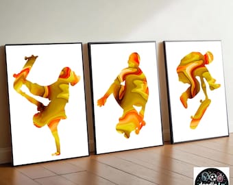 Juego de 3 láminas decorativas de skate para pared / Pósters de skaters / Decoración para dormitorio juvenil / Habitación de skater