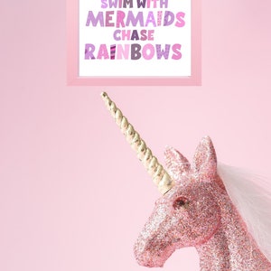 Unicorn print. Girls unicorn mermaid rainbow print. Unicorns mermaids rainbows. Girls bedroom unicorn print. Unicorns,