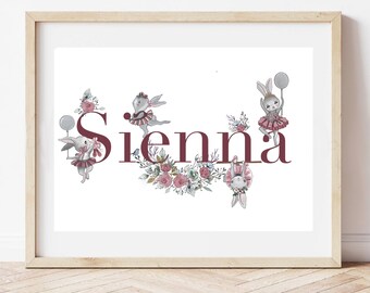 Lámina personalizada de conejito para la habitación del bebé / Nombre personalizado para niña
