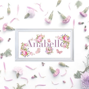 Estampados de dormitorio / Impresión de carta personalizada de dormitorio de niña / Estampado floral / Estampado de guardería rosa / Estampado de bebé / Nombre personalizado