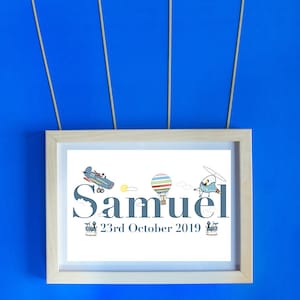 Boys personalised bedroom print trains, planes, helicopters. Nursery and boys bedroom print. Boys trains boys aeroplanes boys helicopter.
