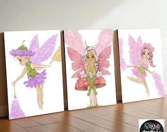 Art mural féerique, lot de 3 | Imprimés fées scintillants roses violets | Décoration de chambre de fille | Oeuvre d'art magique pour chambre d'enfant | Art fantastique pour salle de jeux
