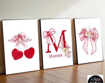 Personalised Red Bow & Cherry Wall Art Set of 3 | Custom Name Prints | Girls Bedroom Decor | Coquette Room Decor | Nursery Wall Art