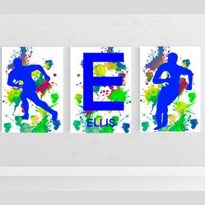 Personliga väggkonsttryck med rugbymotiv, pojkrumsdekor, set om 3