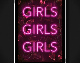 Girls Neon Effect Print, Bedroom Wall Art (A4, A3, A2)