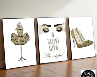 Glitter Glam Wall Art Set of 3 | Fashion Prints Bundle | Makeup Eyes High Heel Dress Prints | Girls Bedroom Decor | Chic Beauty Wall Art