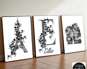 Gepersonaliseerde kinderkamerprintset Parijs – roze Eiffeltoren, kunst met eerste naam