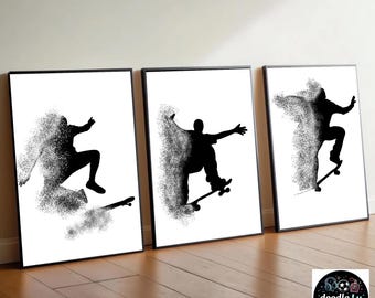 Láminas decorativas para pared con motivos de monopatín / Pósters de skate / Decoración para dormitorio infantil (Juego de 3)