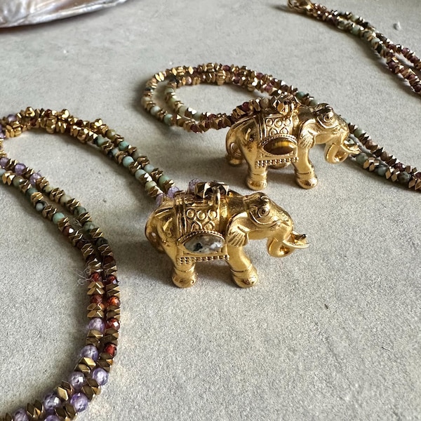 Ganesh Gold Necklace with Gemstones and Gold Elephant