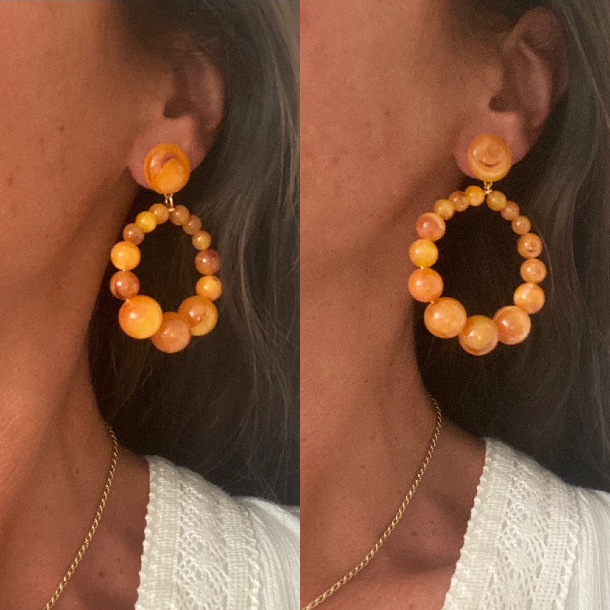 Boucles D'oreilles Clips Perle Résine Bois Marbré - Vintage, Parfait état, Sans Marque