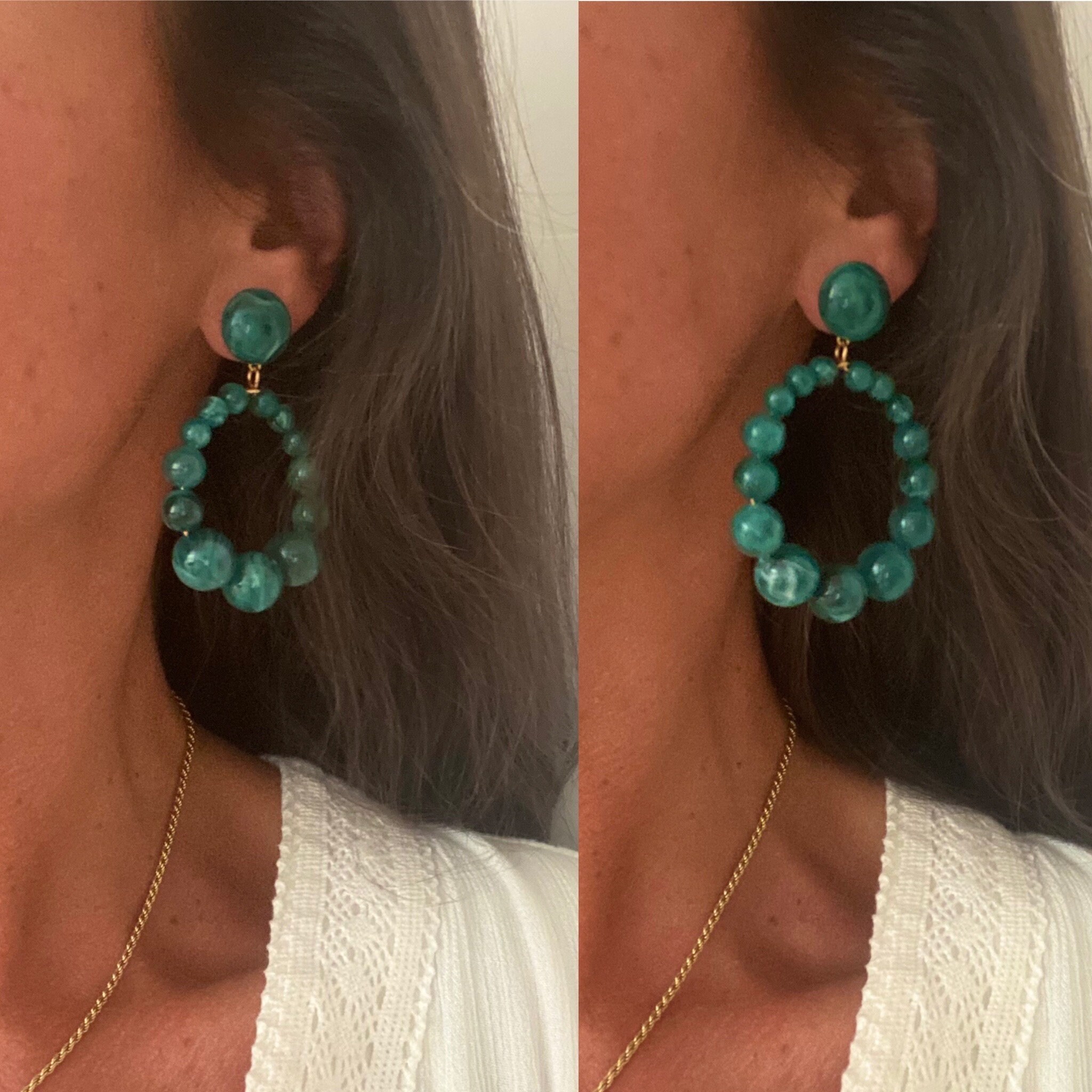 Boucles D'oreilles Clips Perle Résine Bois Marbré - Vintage, Parfait état, Sans Marque