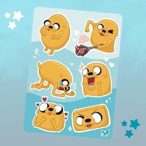 May include: A sticker sheet featuring cartoon character Jake from Adventure Time in various poses. The yellow character is shown cooking bacon, crying, and expressing joy. White hearts and stars accent the blue background.