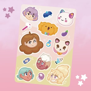 May include: A sticker sheet featuring various cartoon character designs. The stickers include faces, animals, and objects in a colorful, whimsical style. The word "IONZY" is printed on the sheet. The background is a light pink color with star shapes.