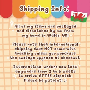 May include: A light beige background with the text "Shipping Info:" in a handwritten style. The text provides information about packaging, dispatch location in Wales, UK, and international shipping details.