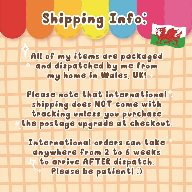 May include: A light beige background with the text "Shipping Info:" in a handwritten style. The text provides information about packaging, dispatch location in Wales, UK, and international shipping details.