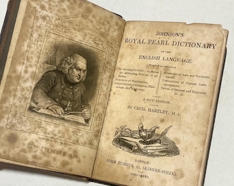 Diccionario Johnson’s Royal Pearl del idioma inglés de 1827, libro de referencia antiguo en cuero.