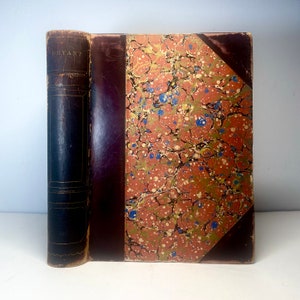 1878 Livre en cuir ancien, oeuvres poétiques de William Cullen Bryant, livre de poésie illustré dans une reliure décorative en cuir fin
