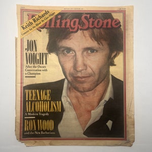 1970s Rolling Stone Magazine Cover with Keith Richards, Ron Wood, & John Voight, Original Vintage Paper Ephemera