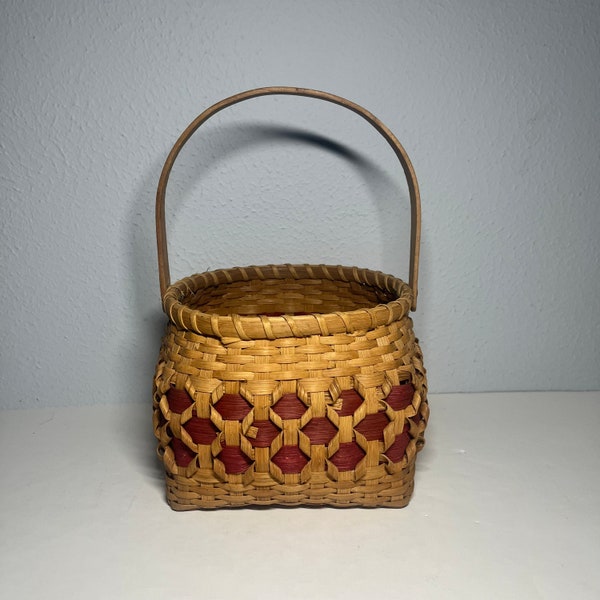 Unique Woven Basket, Beige with Red Stripes, Intricately Woven Wood Basket with Handle, 8.5” x 8” x 12”
