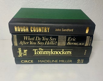 1st Edition Book Stack of 4 Black, Gold & Green Novels by Stephen King, Eric Bernie, John Sandford and Madeline Miller, Home Decor