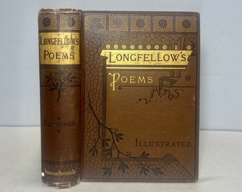 1884 Poetical Works of Henry Wadsworth Longfellow, Rare Antique Book in Beautiful Gold Gilded Victorian Binding