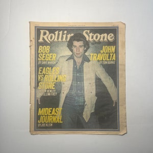 1970s Rolling Stone Magazine Cover with John Travolta, Bob Seger, and The Eagles vs. Rolling Stone, Vintage Paper Ephemera