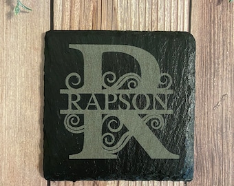 Porta-copos de ardósia com monograma personalizados, conjunto de 4