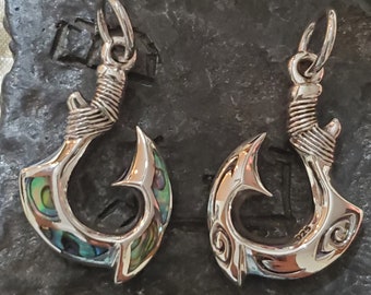 Reversible sterling silver hawaiian fish hook pendant with abalone inlay jewelry