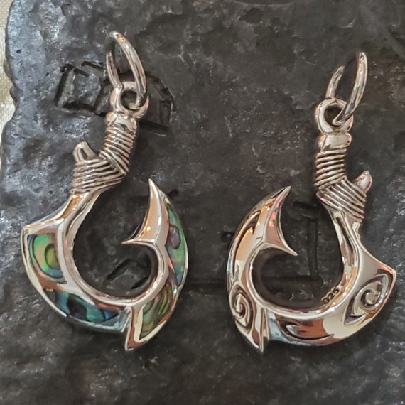 Reversible sterling silver hawaiian fish hook pendant with abalone inlay jewelry Reversible sterling silver hawaiian fish hook pendant with abalone inlay jewelry