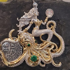 Princess Mermaid pendant with silver Atocha coin and octopus shipwreck treasure jewelry museum quality
