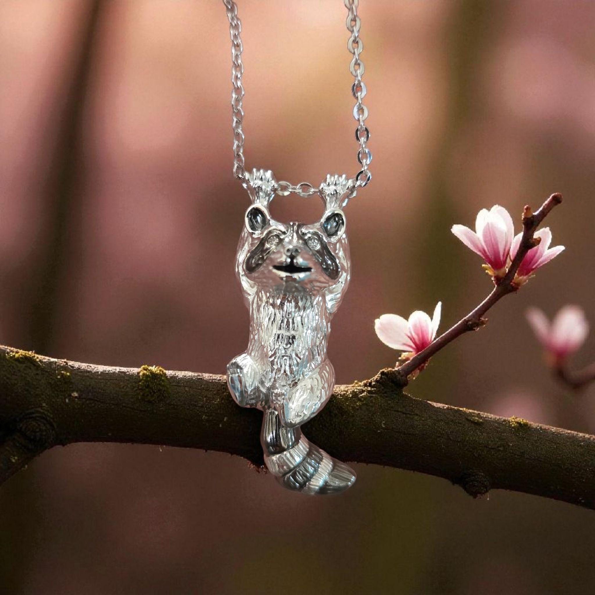 Sterling Silver Raccoon Pendant | Sapphire Eyes, Black Rhodium
