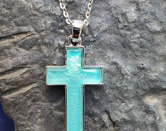 Dichroic Glass Cross Necklace, Stainless Steel Pendant